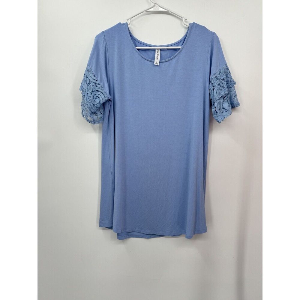 Zenana Premium Large T-Shirt Womens Blue Lace Crochet Short Sleeve Scoop Neck